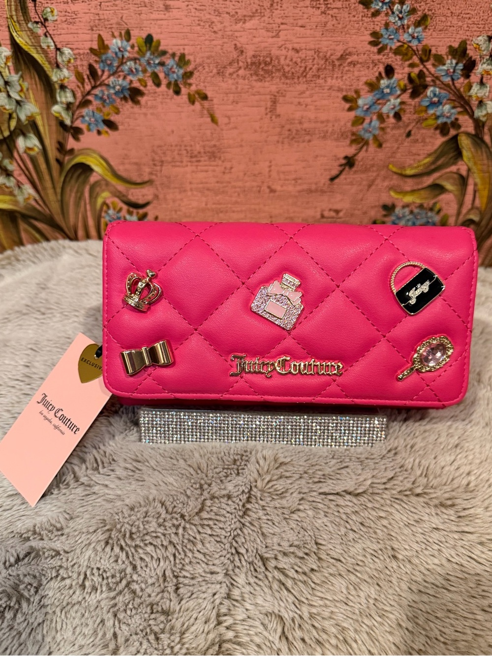 Juicy Couture Vibrant Pink Quilted Wallet with Charm Embellishments
